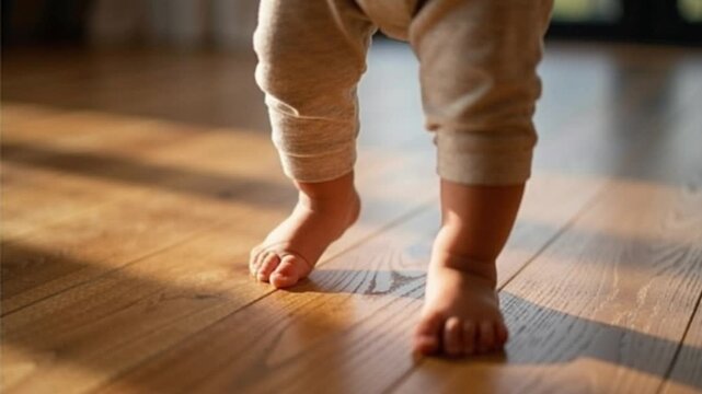 Baby taking first steps on wooden floor at home. Childhood development, learning to walk, milestone, independence.