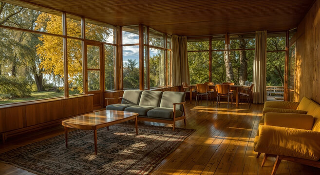 Scandinavian style living room with panoramic forest views