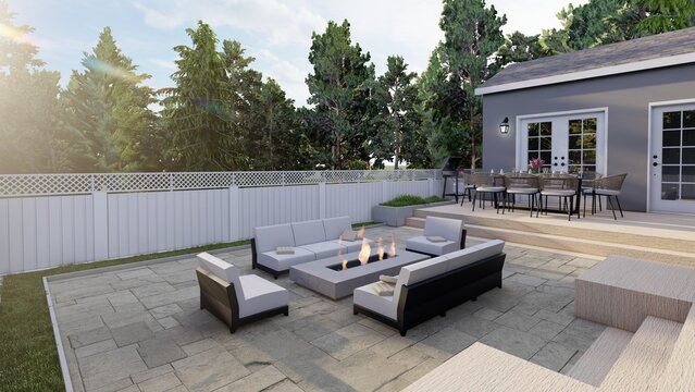 Modern Luxury Backyard Patio Design with Outdoor Fire Pit, Lounge Seating, and Dining Area, 3D Render