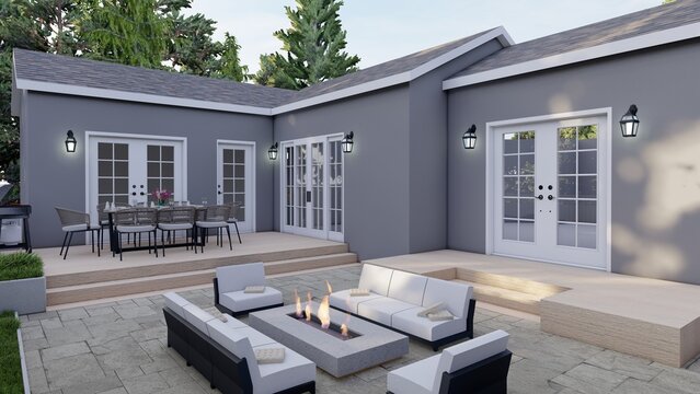 Modern luxury backyard patio design featuring a central fire pit, outdoor lounge furniture, and elevated dining deck area, 3D render.