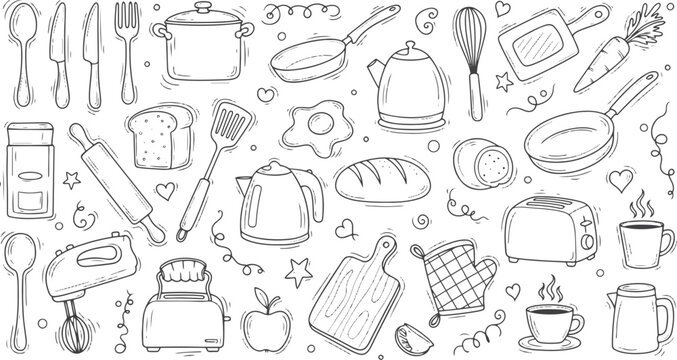 "Mega Collection of Hand Drawn Doodles: Detailed Abstract Patterns, Whimsical Characters, and Kitchen Utensils Icon Set in Vector Line Art Style"