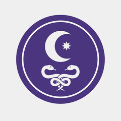 Fototapeta premium Circular emblem with crescent moon, star, and intertwined snakes on purple background.