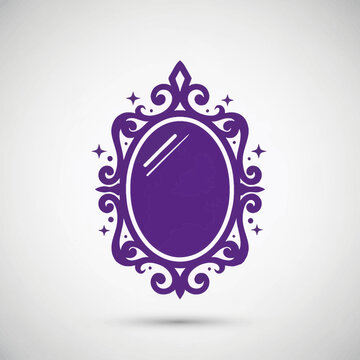 Ornate purple mirror with decorative frame and reflective surface.