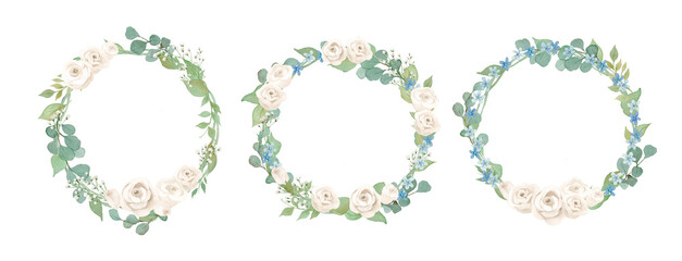 Watercolor White Rose and Blue Star Wreath Set: Elegant Floral Frame with Baby's Breath for Wedding and Greeting Cards-300dpi-