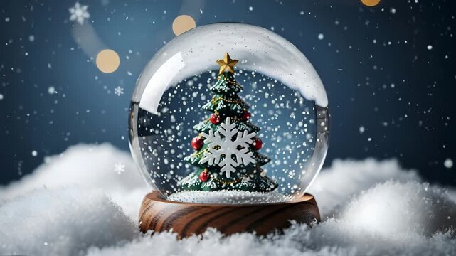 Festive Christmas Snow Globe with Decorated Tree and Falling Snowflakes in Winter Wonderland Scene