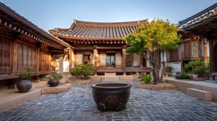 Fototapeta premium Traditional Korean Hanok Courtyard with Stone Path, Wooden Architecture, and Greenery in Peaceful Setting Under Clear Sky