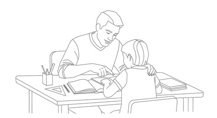 Father assisting child with homework at the desk together.
