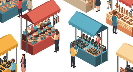 An isometric lively artisan market features various stalls selling pottery, jewelry, and crafts with people browsing.