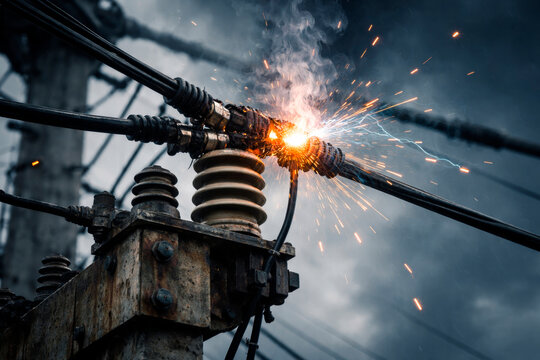 High voltage power line short circuit with sparks and fire, electrical accident risk, industrial energy failure and safety warning concept