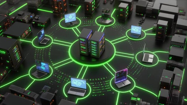 A centralized computer network glows with green neon lines connecting servers and laptops, symbolizing data flow, communication pathways, and large-scale digital infrastructure.