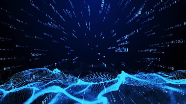 Futuristic data mesh wave background with glowing dots in deep space blue, perfect for digital technology presentations, AI connections, and abstract cyber network.
