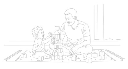 Father and child playing together with wooden blocks on the floor.