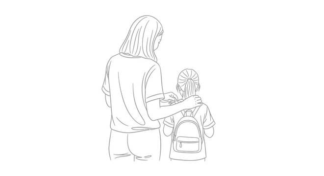 Mother helping child with backpack before going to school.