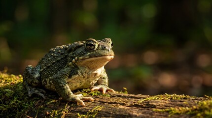 Fototapeta premium Close up of a green toad sitting on a mossy log in a sunlit forest