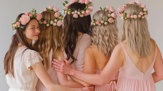 Group of Pregnant Women in Pink Dresses with Floral Crowns Celebrating Motherhood and Sisterhood
