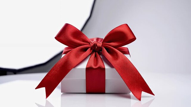 Hands wearing white gloves skillfully tie a red ribbon around a white gift box, showcasing the meticulous process of wrapping, with a clean and elegant background enhancing the visual appeal