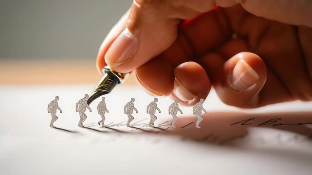 Close-Up of Fountain Pen Drawing Tiny Walking Figures Symbolizing Career Progress