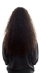 Woman with long curly brown hair.