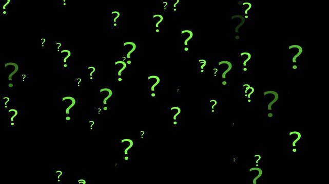 animation of a lot of green question mark moving on black background motion graphic effects.