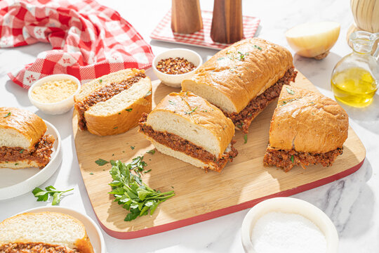 Sloppy joe sandwich on loaf of bread