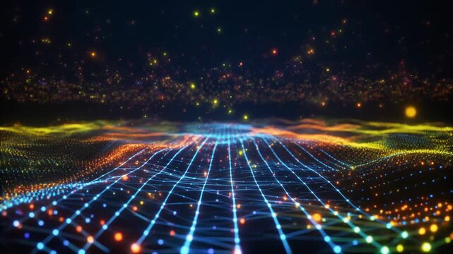 A vibrant digital landscape of glowing neon grids and floating particles, undulating waves forming a futuristic terrain, symbolizing cyberspace, quantum energy, and abstract data visualization.