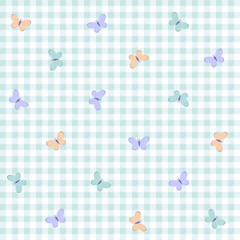 Seamless pattern with cute pastel butterflies on a mint gingham background. Ditsy aesthetic for nursery decor. © warmjuly