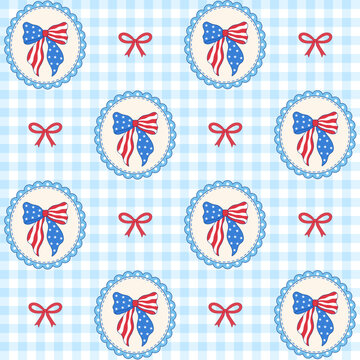 Patriotic seamless pattern with USA flag bows in lace frames on blue gingham. 4th of July aesthetic surface design.