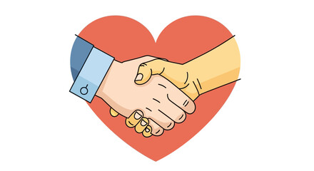 Handshake between two people in front of a heart symbolizing partnership and love.