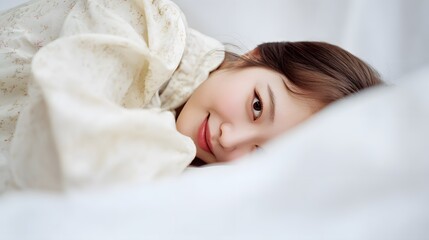 A young girl lies under the covers.