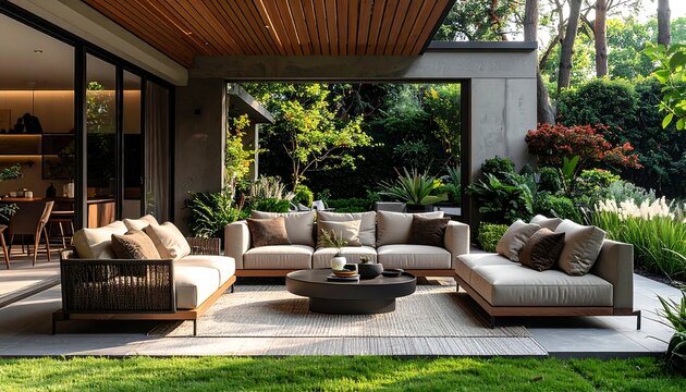 Modern outdoor patio setup featuring cushioned sofas, a central coffee table, and lush greenery in the background