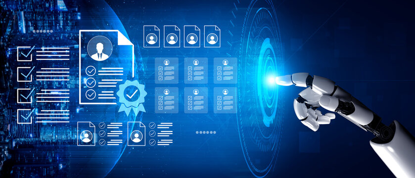 A futuristic robotic hand engages with glowing digital documents and checklists, showcasing advanced technology and innovation in a high-tech setting. Gantry