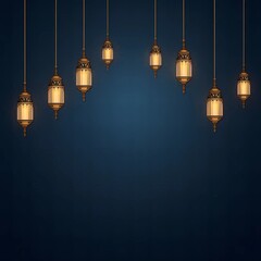 Obraz premium Illuminated Arabic lantern. Islamic greeting Eid Mubarak Simple Luxurious Islamic Blank Horizontal Background Design with Ornate Gold Lanterns And Decorations On Deep Blue Gradient Theme 