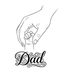 Father Holding Baby Hand Minimal Line Art with Elegant Dad Lettering Vector Illustration.
