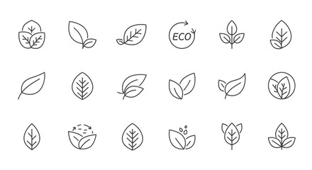 Set of Eco Friendly Nature and Leaf Outline Icons on Isolated White Background