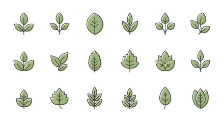 Diverse Collection of Simple Green Leaf Icons with Subtle Outlines Representing Nature on an Isolated White Background