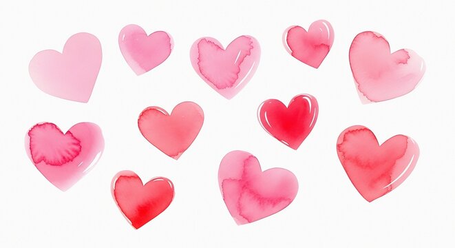 Pink watercolor bleeding blotch texture heart shape element set romantic affection love symbol collection