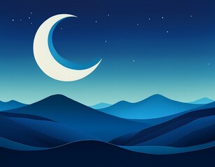 minimal night landscape with crescent moon and blue hills