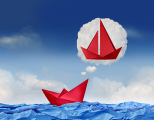 Dreaming Of Growth and success changing from a small origami paper boat to a big sail ship as a metaphor for aspiring and planning to business succeed through Visualization as a symbol of ambition co