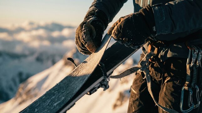 Ski touring close-up hands applying climbing skins to skis on mountain summit at sunset