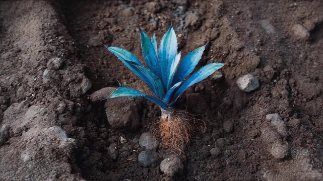 A young, blue-green plant with exposed roots is centered in dark soil. Surrounding earth has a rough texture