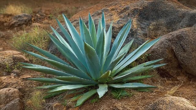 A vibrant, spiky agave plant thrives, surrounded by weathered rocks and dry earth
