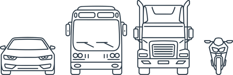 Front view vehicle icon set featuring car, bus, truck and motorcycle in minimalist line art style, transportation illustration collection isolated on light background © Hey There