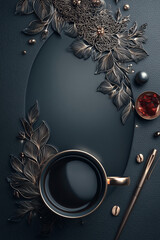 Fototapeta premium Luxury Dark Coffee Flat Lay With Metallic Botanical Decoration And Copy Space Background