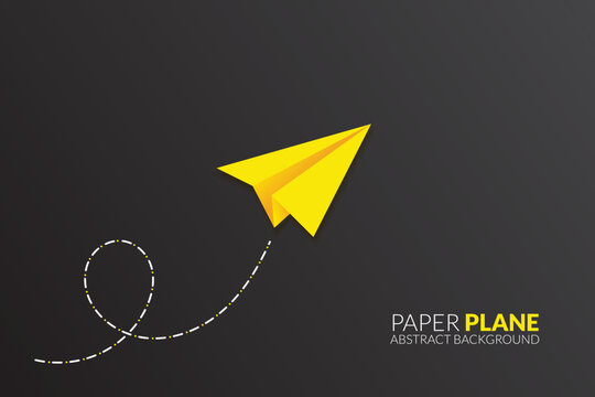 Yellow paper plane flying from handwritten doodle line on black background minimal design