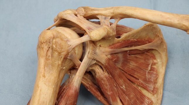Human shoulder joint skeletal structure in clinical lighting close-up
