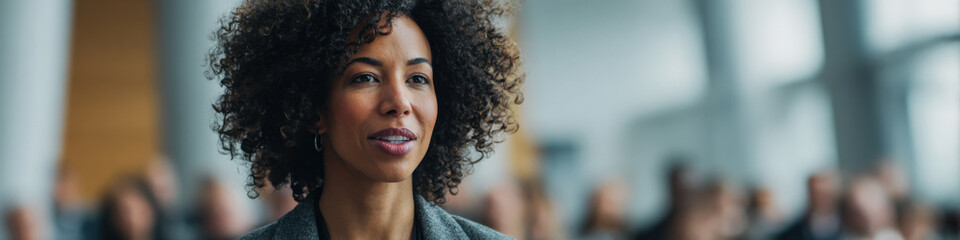 Confident african female leader at professional conference