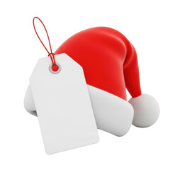 A red santa hat with a white tag attached to it
