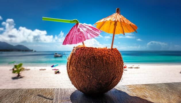 tropical coconut drink under colorful beach umbrellas