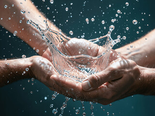 Fototapeta premium Close-up of Cupped Hands Splashing Fresh Clear Water in a Bright Blue Pool