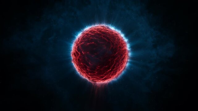 Dynamic zoom into red energy sphere condensing from blue particle explosion.